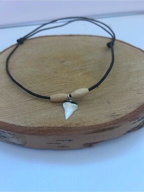 Handmade Black Cord Necklace with White Shark Tooth Pendant